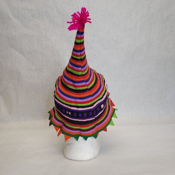 Handmade Traditional Hill Tribe Festival Hat Cone Shape Vibrant Patchwork Stripe - Picture 4 of 10